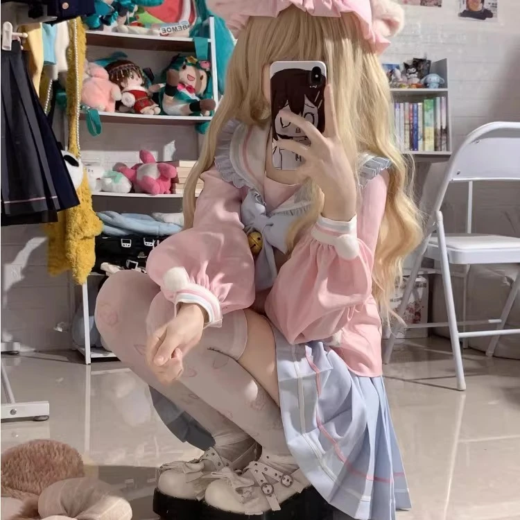 Japanese Soft Girl Cat Ear Blouse Spring and Autumn Long Sleeves Pink Blue Jacket Y2K Cute Cat Ear Top 2026 New