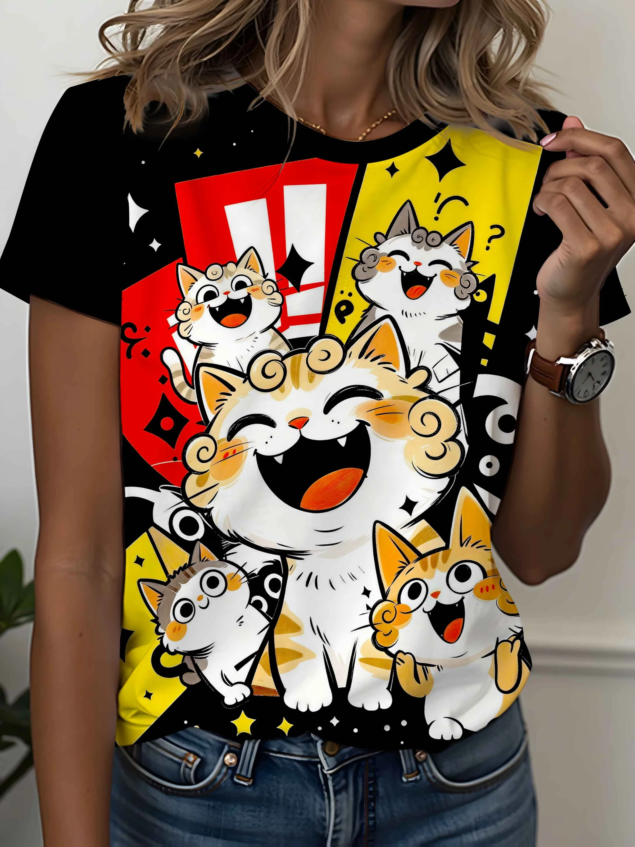 Women Trendy Cat Lover Graphic T‑Shirt, Vibrant Comic Style Cheerful Kittens Art Design Short Sleeve Crew Neck Daily Tee