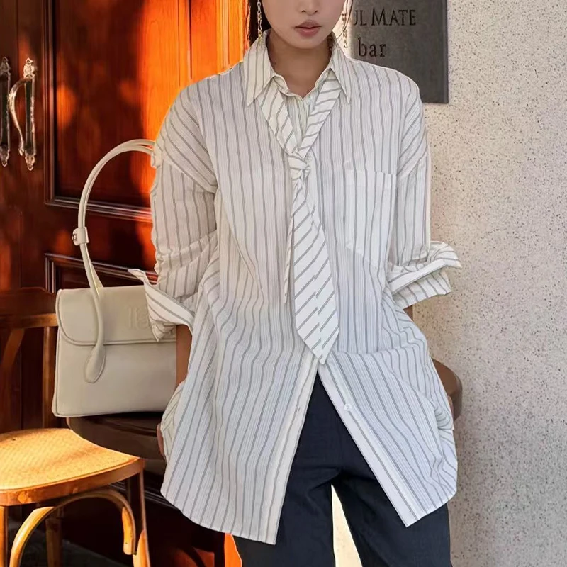 Autumn New Womens Fashion Shirt Striped Tie Button Design Loose Shirt 2025 Womens Workplace Casual Adaptation Shirt Trafizaran