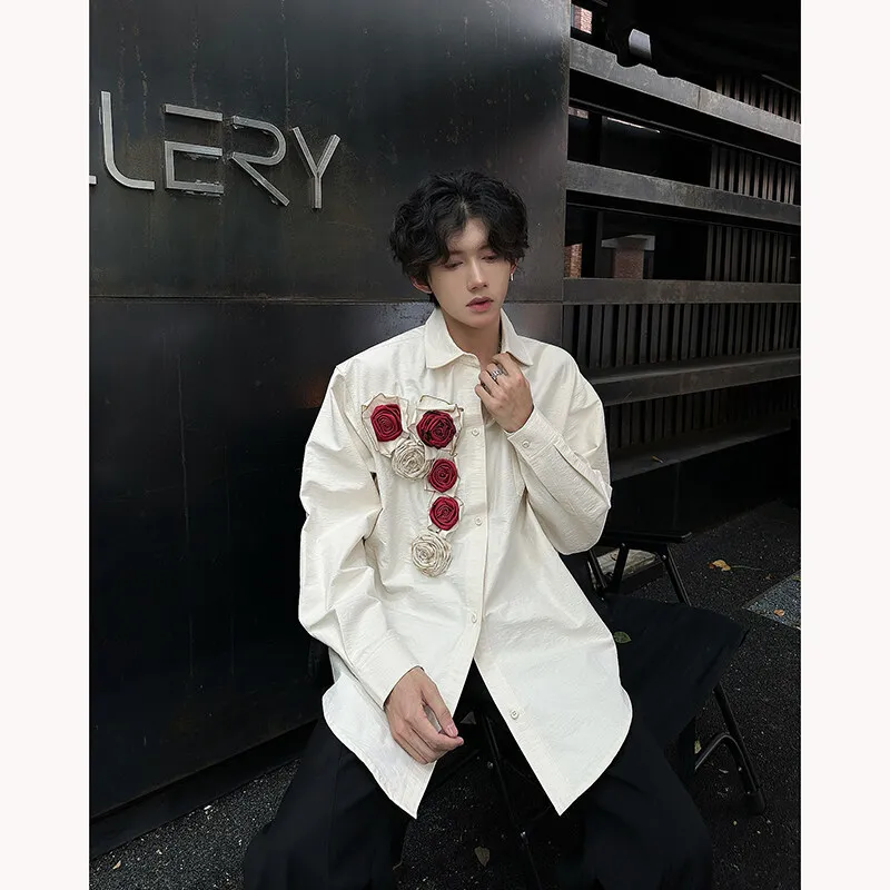 

Three-dimensional Handmade Flame Rose Mans Shirts, Niche Autumn Long Sleeve Men's Linen Shirts, Oversized Streetwear Clothing