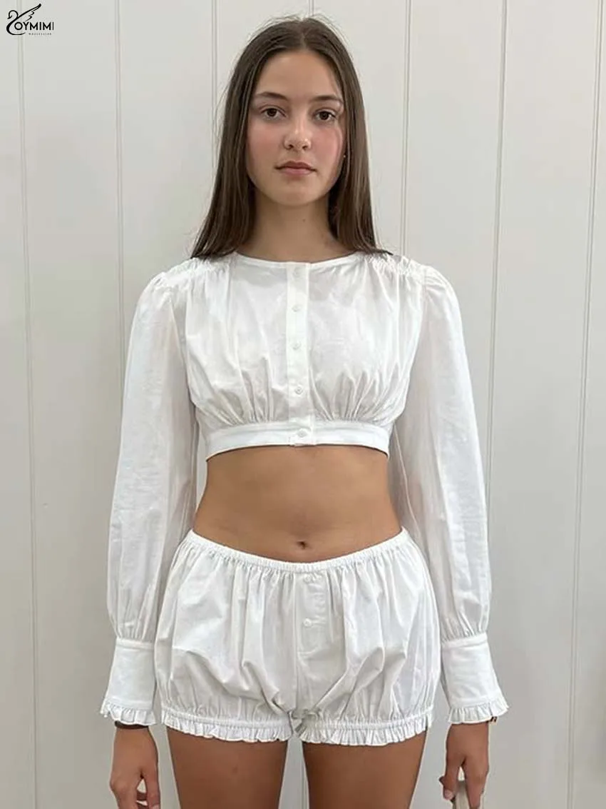 

Oymimi летний белый хлопковый комплект из 2 предметов для женщин, модные укороченные рубашки с круглым вырезом и длинными рукавами на пуговицах и узкие шорты с рюшами