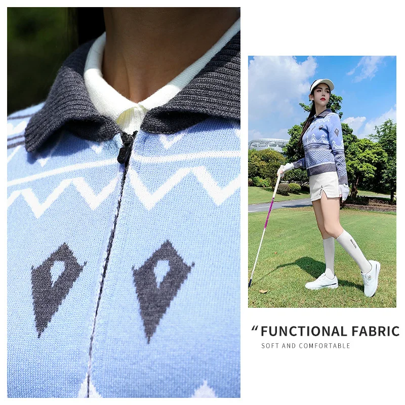 Pgm Women's Fashion Printed Sports Cardigan High-end Knitted Golf Sweater Lady Long Sleeve Warm Golf Jacket Windproof Coat