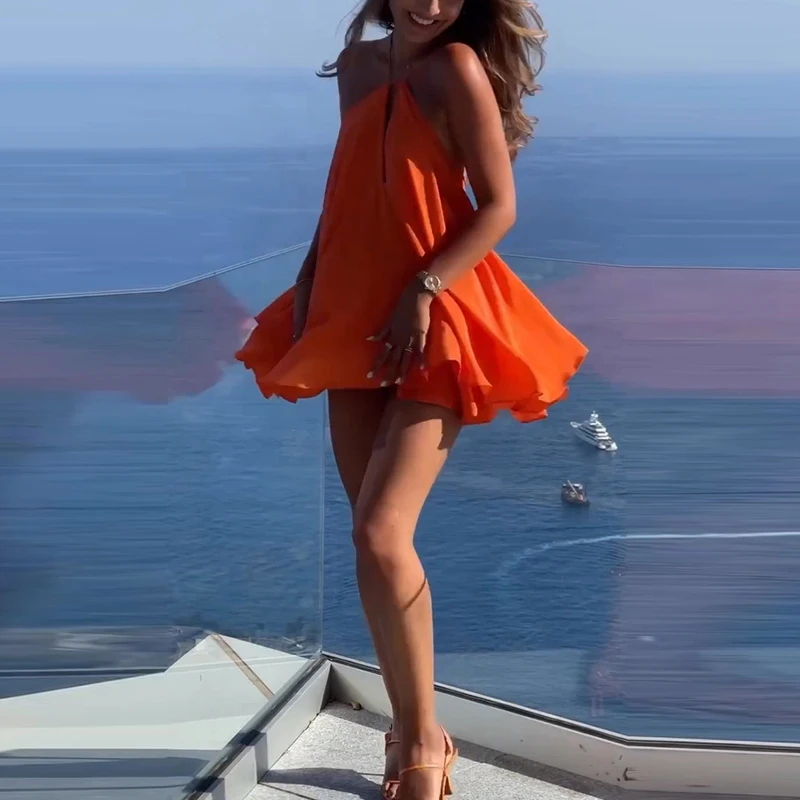 Abito corto da donna sexy con bretelle senza maniche, abito corto da festa, elegante mini abito plissettato in tinta unita, abito estivo casual a trapezio allentato