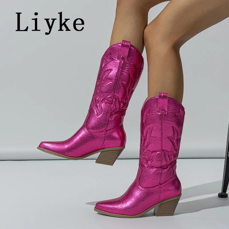 Liyke Big Size 42 43 Western Style Cowboy Boots For Women Fashion Embroider Leather Autumn Winter Low Heels Long Shoes Booties