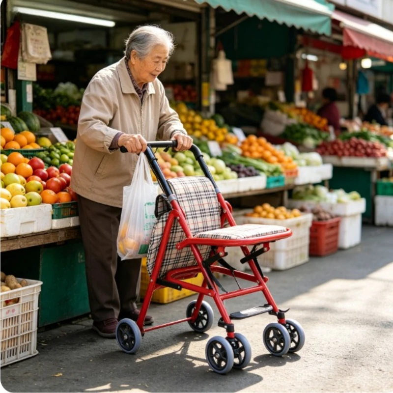 Foldable Shopping Trolley, Rollator Walker with Seat for Elderly, Push & Pull Grocery Cart with Brake Handle Use Home