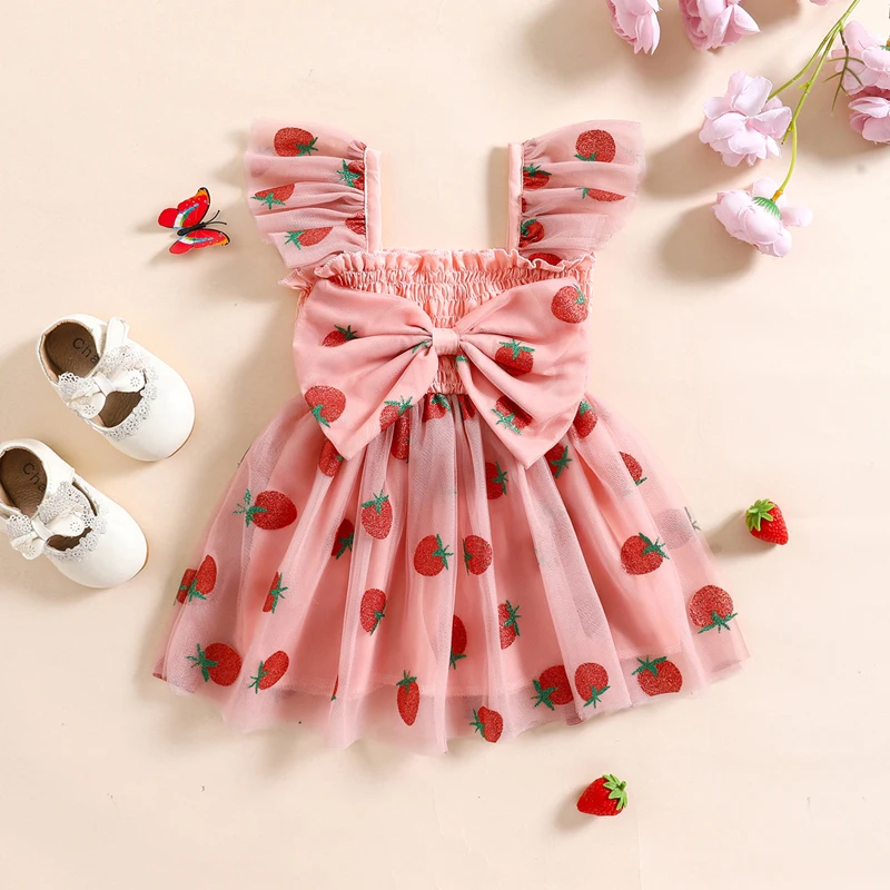 

Summer Sweet Baby Girl Tulle Dress Ruffle Sleeve Square Neck Strawberry Print Dress Toddler Princess Dress Child Clothing