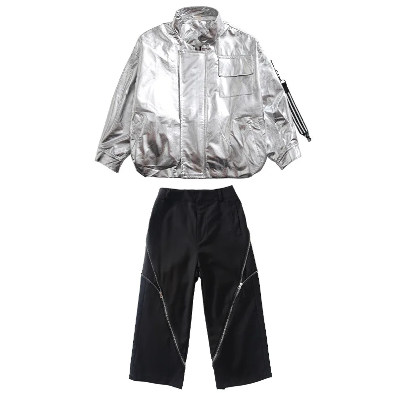 Kid Hip Hop Clothing Silver PU Motorcycle Jacket Coat Top Black Casual Wide Zipper Pants for Girl Boy Jazz Dance Costume Clothes