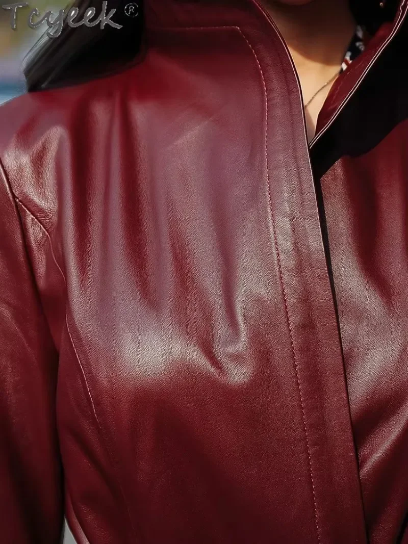 Tcyeek Giacca in vera pelle da donna Cappotti in pelle di pecora naturale Elegante trench con cintura Giacca da donna medio-lunga Abiti autunno inverno