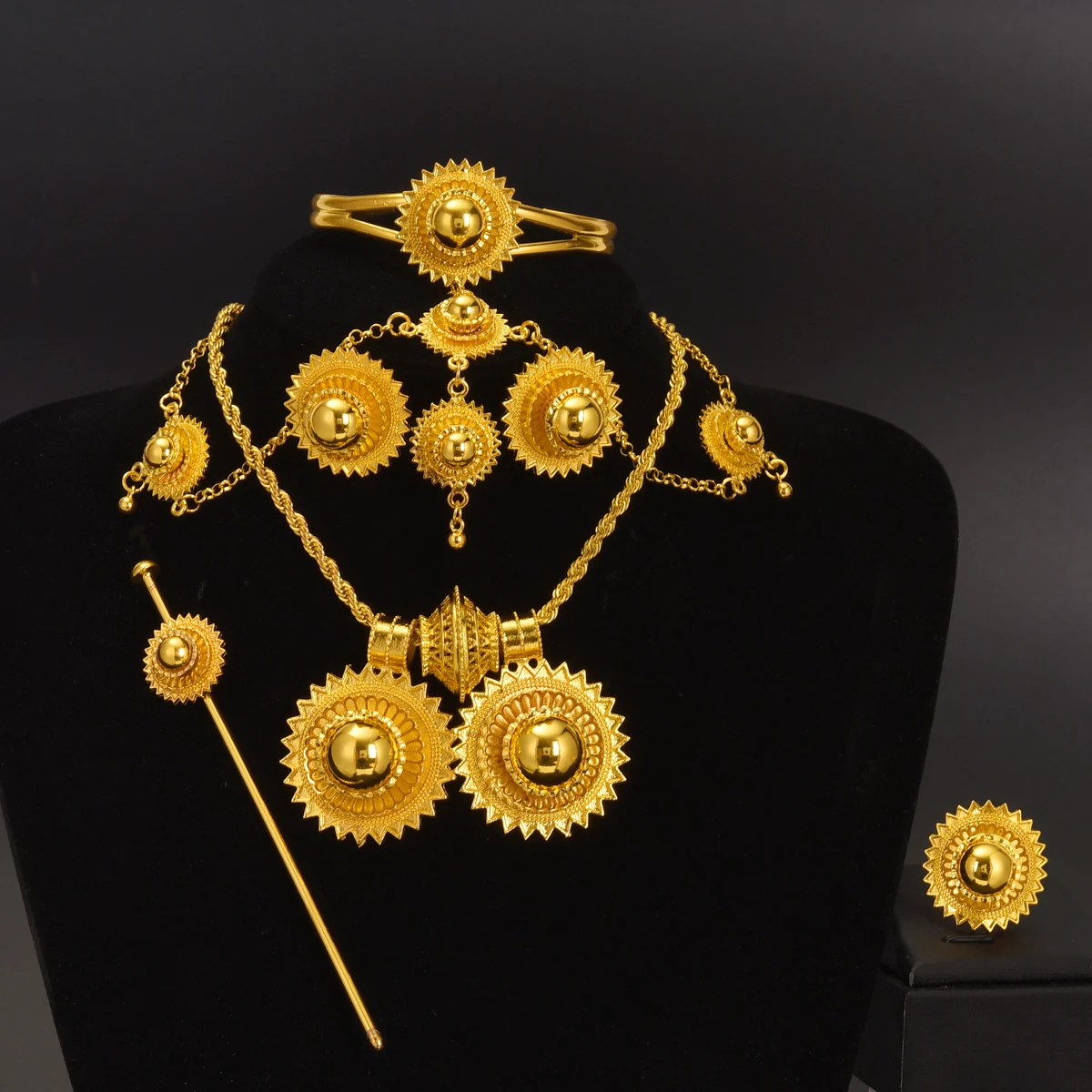 Ethiopian Jewelry sets Pendant Hairpin Necklace Earrings Bangle Ring Sets African Eritrean Wedding Engagement Ethnic Gifts #048