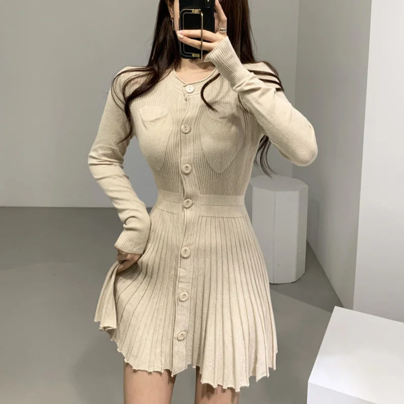 

Korean Casual Single Breasted Knitting Mini Dress Women Autumn Winter Buttons Knitted Sweater Dress Pleated Robe Femme Vestidos