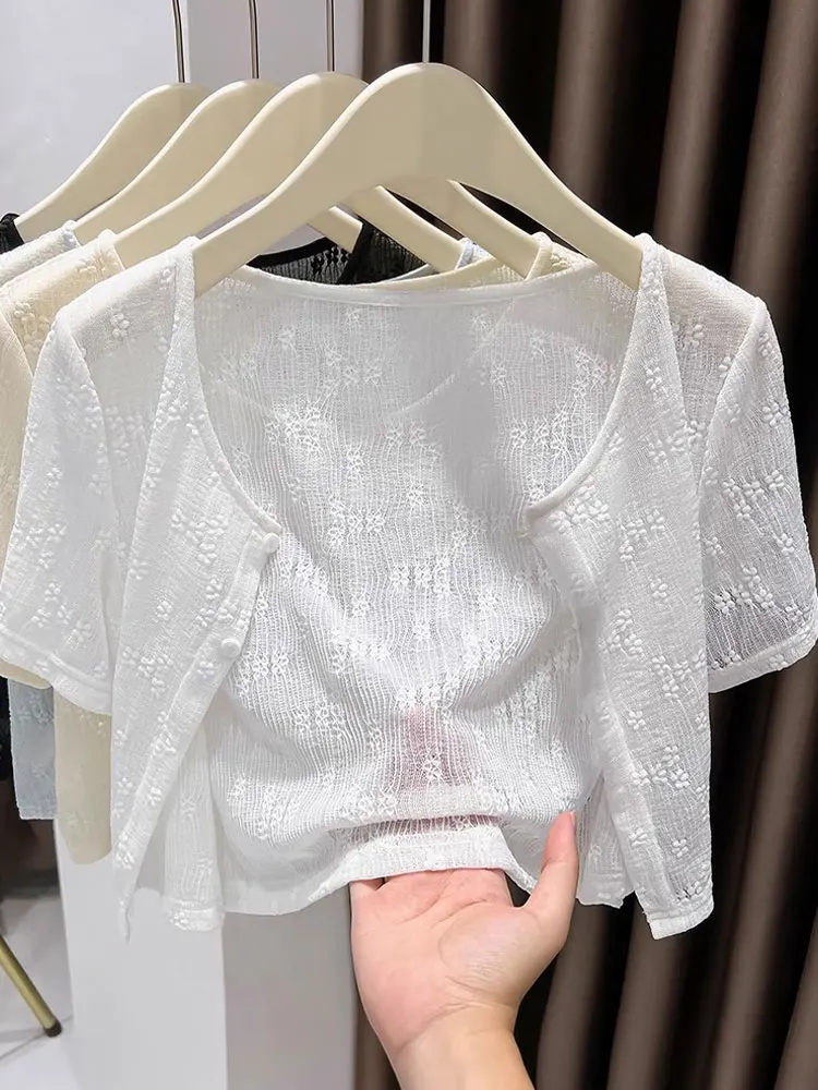 Lace Short Sleeve Open Cardigan Thin Summer Outerwear Shawl Net Gauze Short Style Ice Silk for Women with Strap Dresses