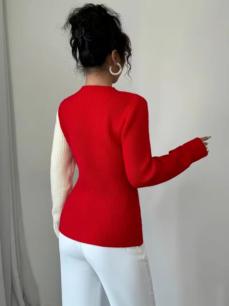 Women's Colour-Block Heart Pattern Knitted Pullover for Autumn and Winter, Round Neck, Long-Sleeve, Casual and Versatile
