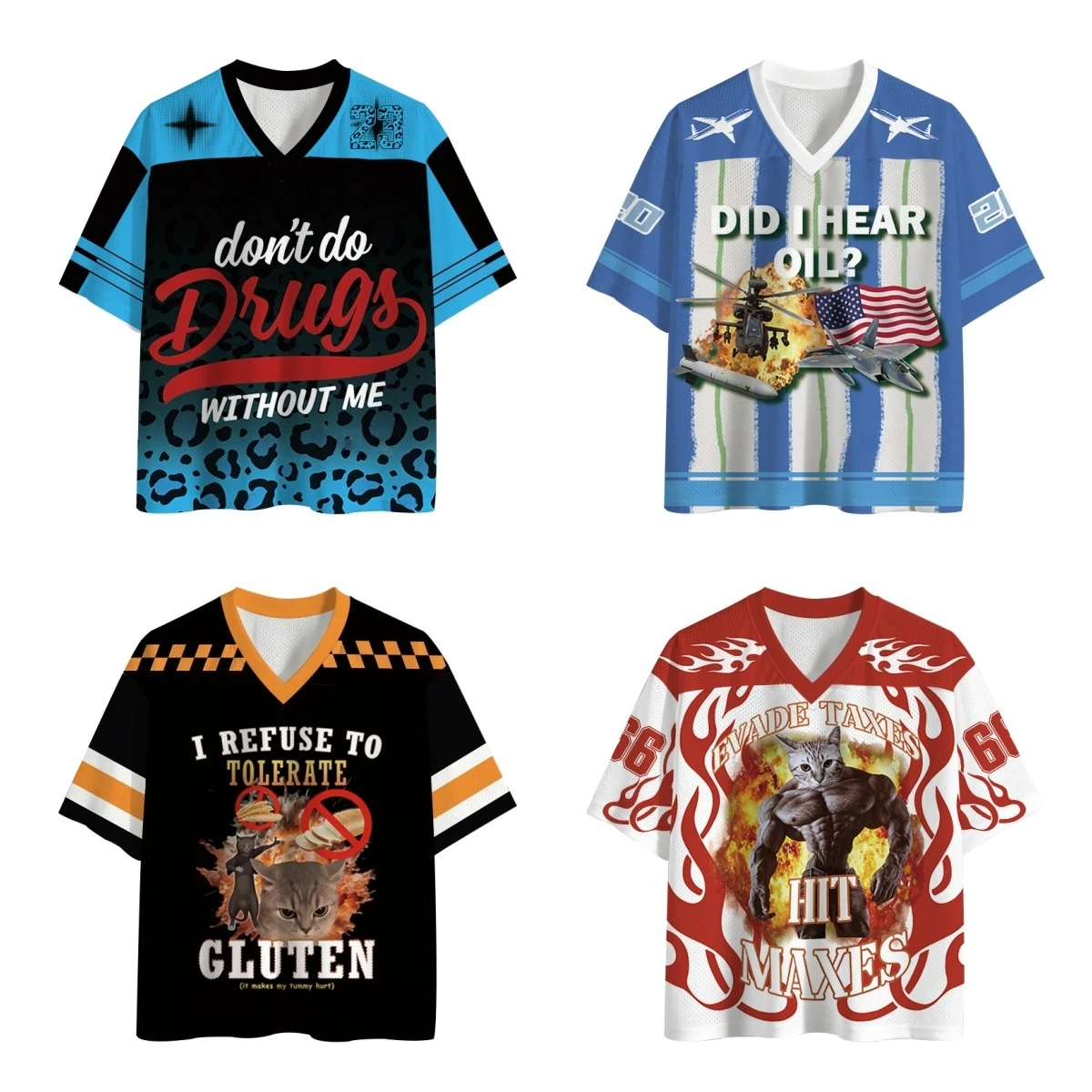 2026 New Funny Meme Mesh Football Jersey Bundle, 4 Styles V-Neck Graphic Tee Y2K Unisex Streetwear Short Sleeve Top
