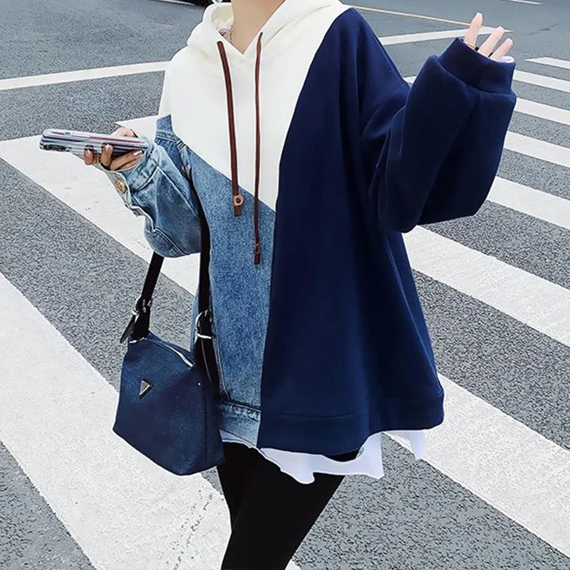 Spring Autumn New Contrast Color Patchwork Hoodies Women High Street Long Sleeve Loose Pullovers Korean Style Mid-length Tops