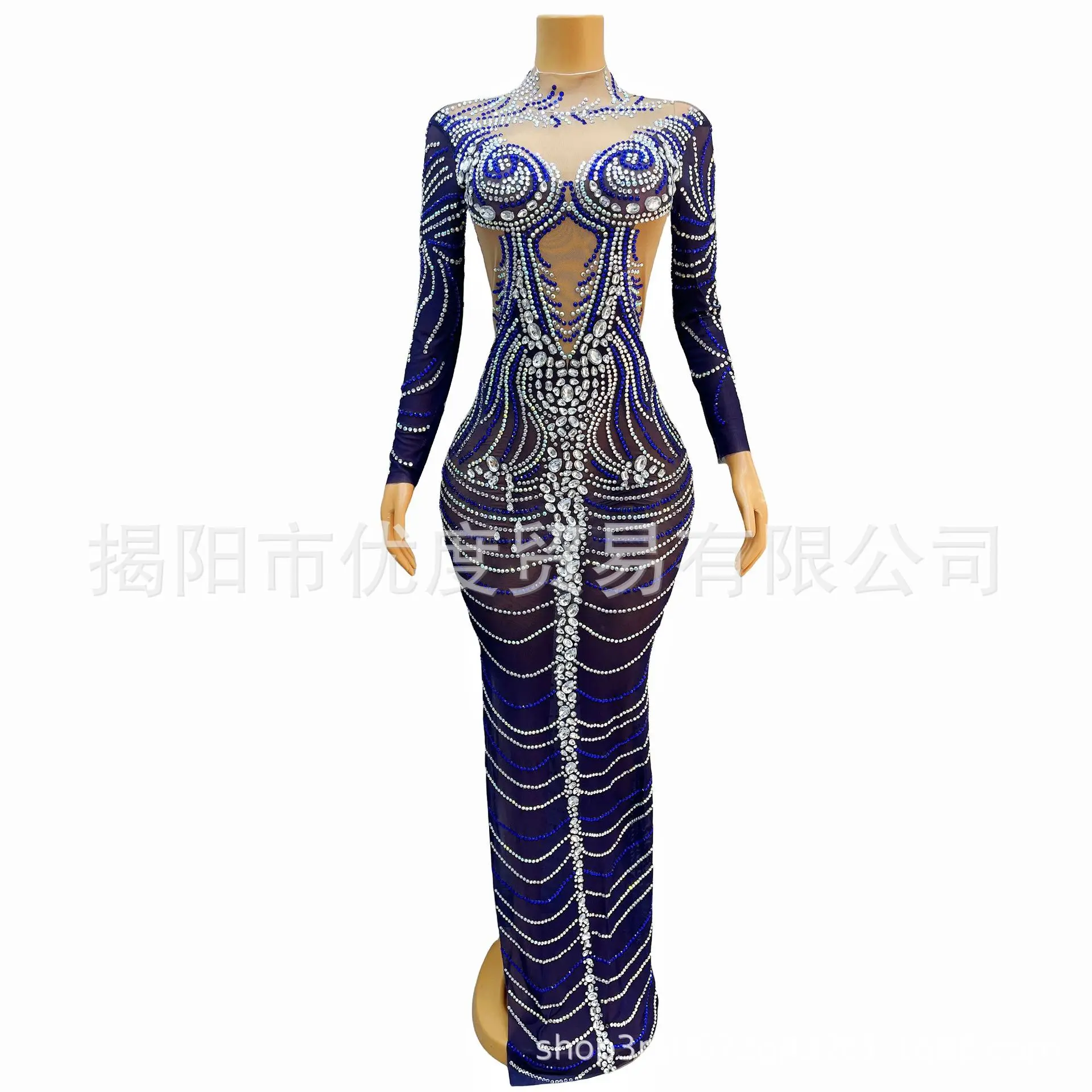 

Темно-морское синее кристальное яркое сетчатое платье со стразами и ярким боковым разрезом, коктейльное вечернее платье для выступлений, синий ртутный халат на Рождество