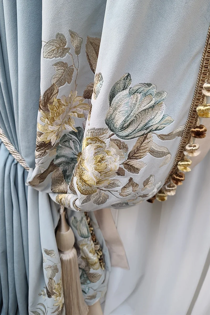 

European Style High-end Luxury Embroidered Velvet Blue Retro Curtains For Living Room Bedroom Dining Villa Custom Size Drapes