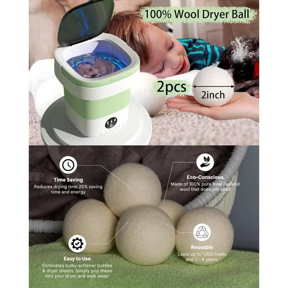 Portable Washing Machine, 11L, 2 Wool Dryer Balls, Foldable Small Washing Machine for Underwear,socks, Baby/pet Clothes