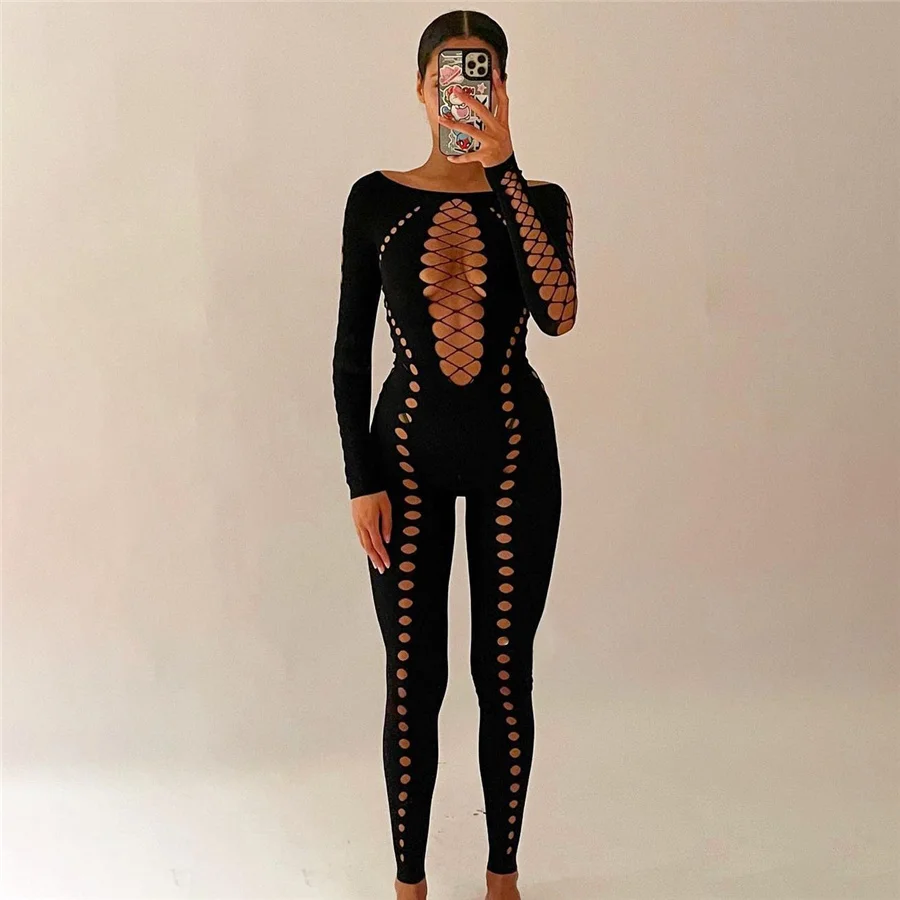 New arrivals club wear women clothing bodysuit one piece sexy ladies jumpsuits tight long sleeve jumpsuit