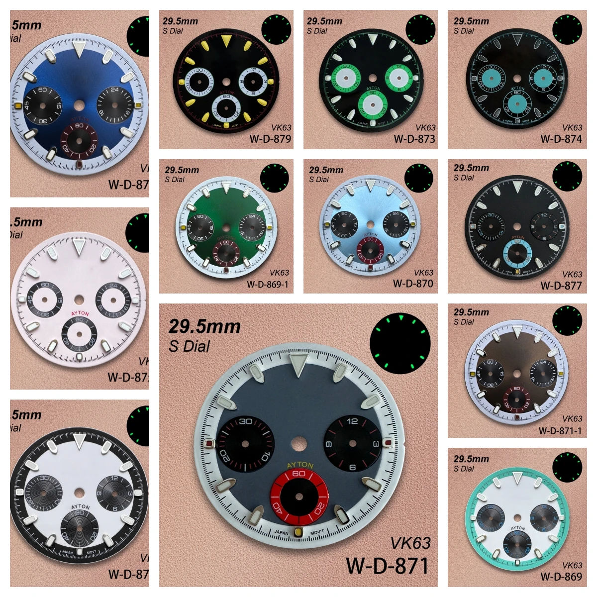 

29.5mm S Logo panda Colorful DTN Dial Fit VK63 Movement Green Luminous High-Quality Dial Watch Modification Accessories
