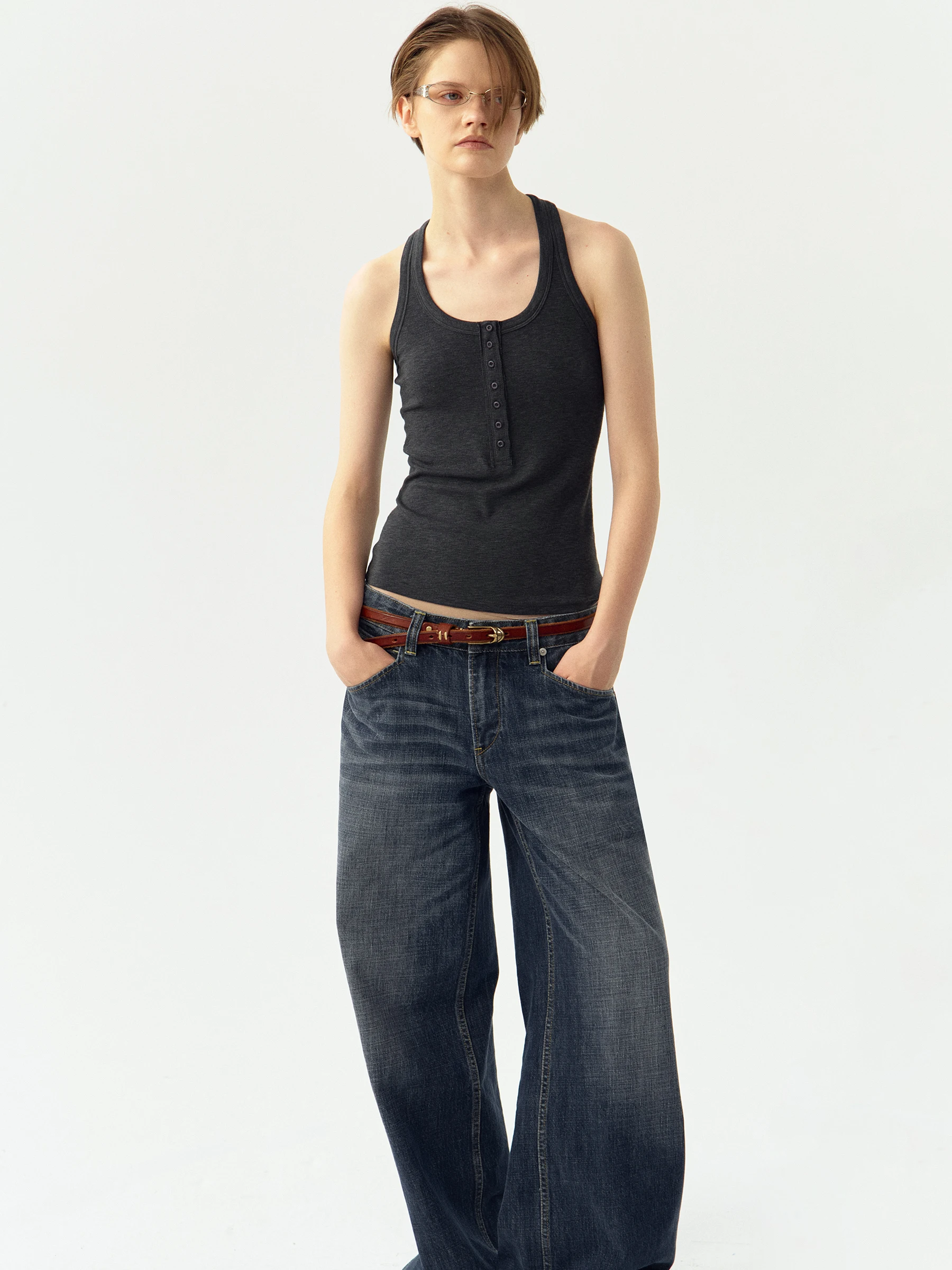 High Elastic Cotton Blend Henry Collar Hanging Neck Workwear Tank Top Women's Slim Fit Tank Top V-Neck Sleeveless Summer Top
