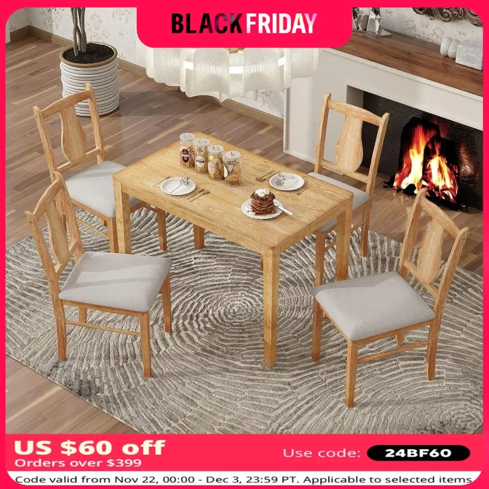 5-Piece Dining Table Set, Rectangular Dininer Table with 4 Upholstered Chairs for Family, Retro Solid Wood Dining Room Set