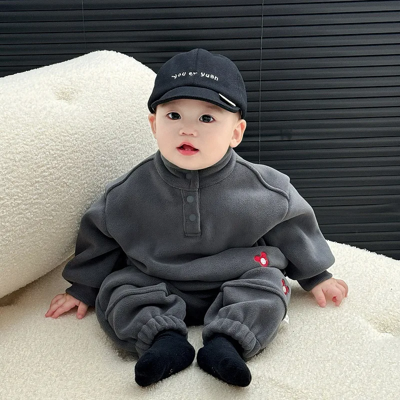 

Зимняя теплая водолазка с вышивкой для маленьких мальчиков и девочек, флисовый комплект + штаны, детский спортивный костюм из 2 предметов, детская одежда, От 0 до 4 лет