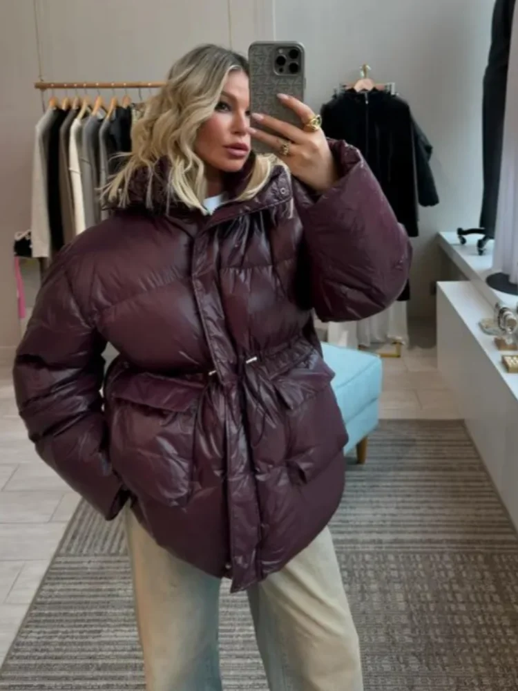 

Burgundy Down Jacket Women Belts Cotton Single Breasted Zipper Warm Coat Female 2025 Winter Pocket Long Sleeve Lady Outerwear