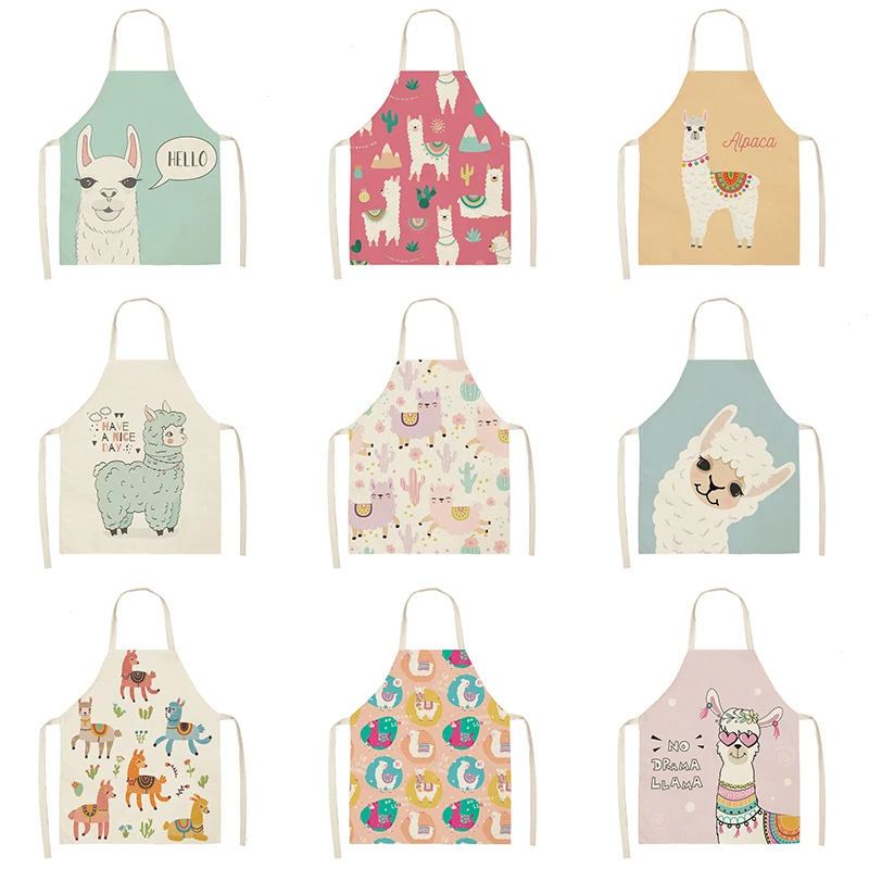 Alpaca cactus printed linen apron kitchen apron home cooking baking bib for men and women anti-fouling