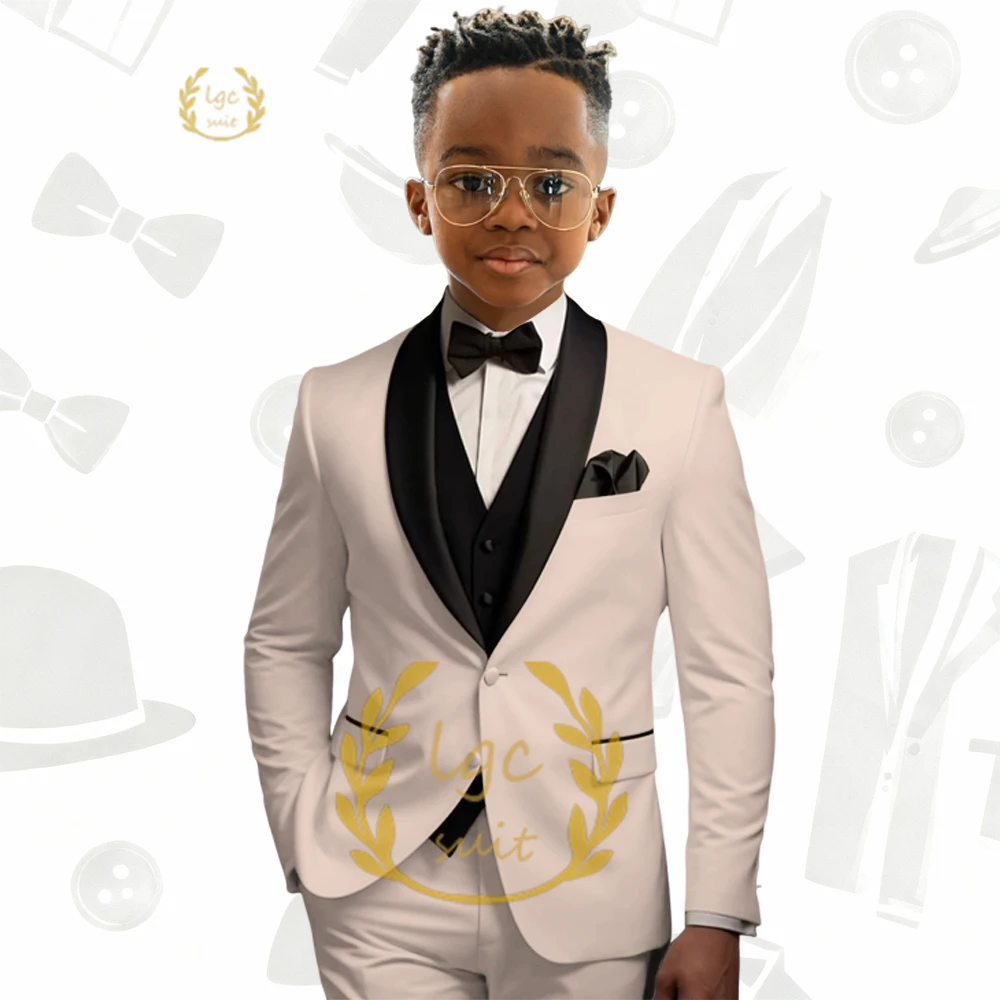 Boys' Premium 3-Piece Tuxedo Set – Shawl Lapel Blazer with Black Trim, Waistcoat & Dress Pants for Special Occasions