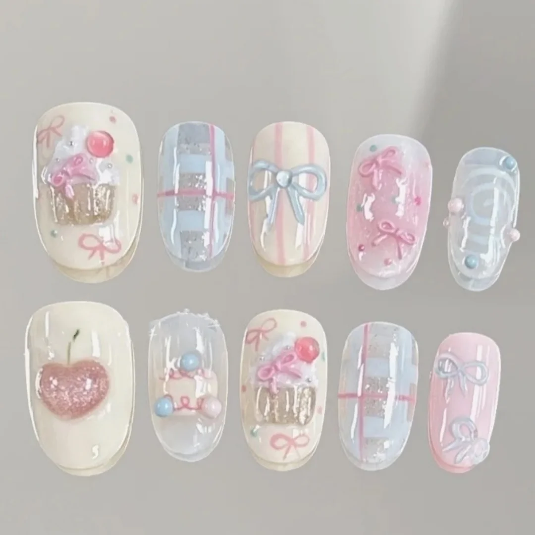 

10pcs Short Oval Handmade False Nails Art Cute Cherry Bow Design Full Cover Nail Tips Gradient Pink Fake Nail Set Press on Nails