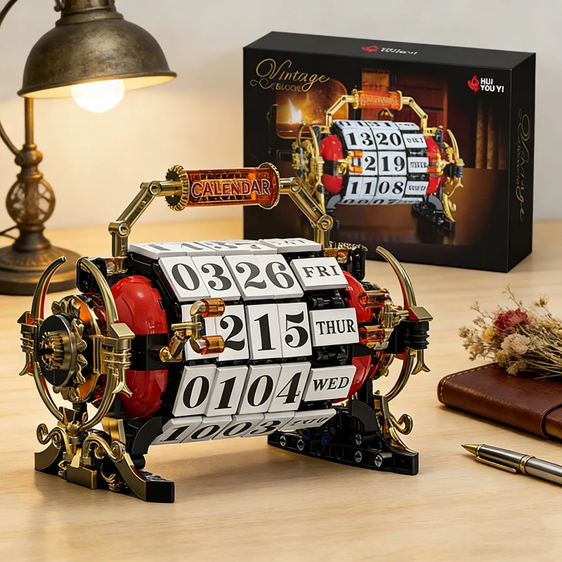 

889pcs Retro Mechanical Calendar Building Blocks Kit,MOC Vintage Design DIY Desk Decor with Moving Gears,Creative Assembly Model