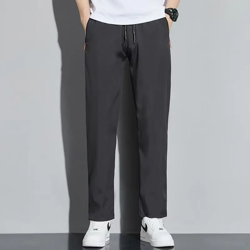 2026 Spring and Summer Men's Fashion Solid Color Casual Pants Loose Ice Silk Breathable Cool Outdoor Sports Straight Leg Pants