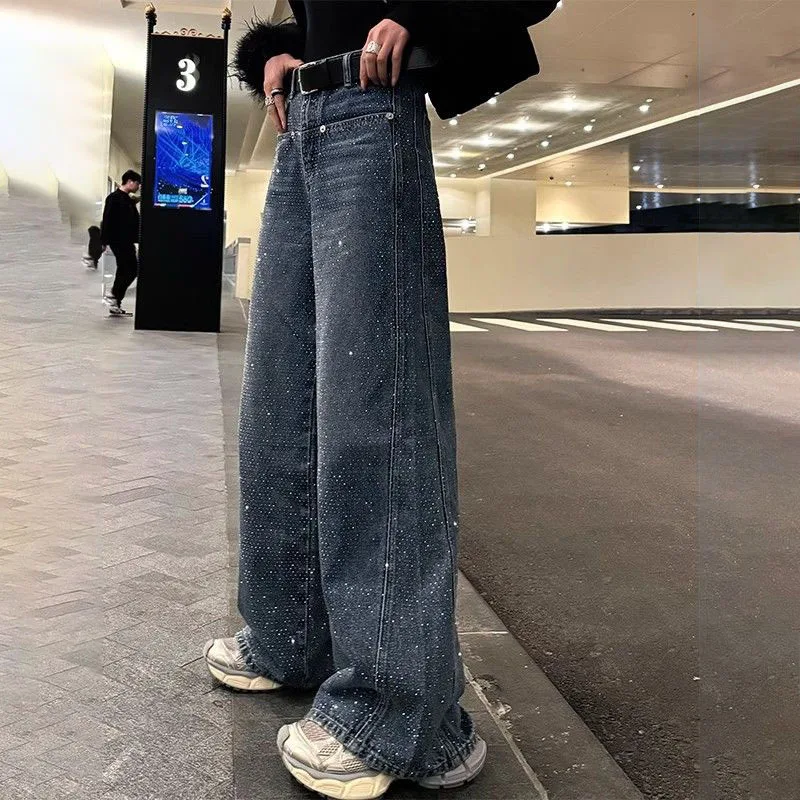 جديد الربيع/الصيف الجينز النسائية الثقيلة الماس تنقش واسعة الساق الجينز ، الإناث عالية الخصر السماء المرصعة بالنجوم مستقيم الساق السراويل 4XL #4