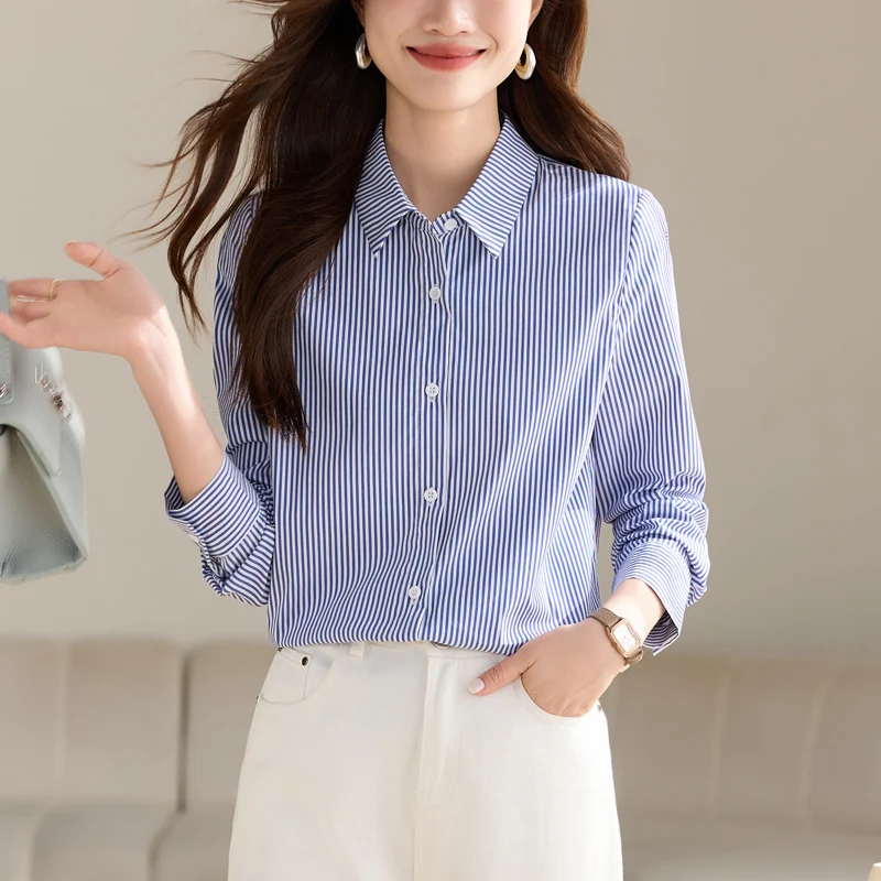 

Классическая полосатая женская блузка на весну и лето, женская рубашка с длинным рукавом и воротником-стойкой, простые блузки, топы из полиэстера, синие рубашки, шикарные