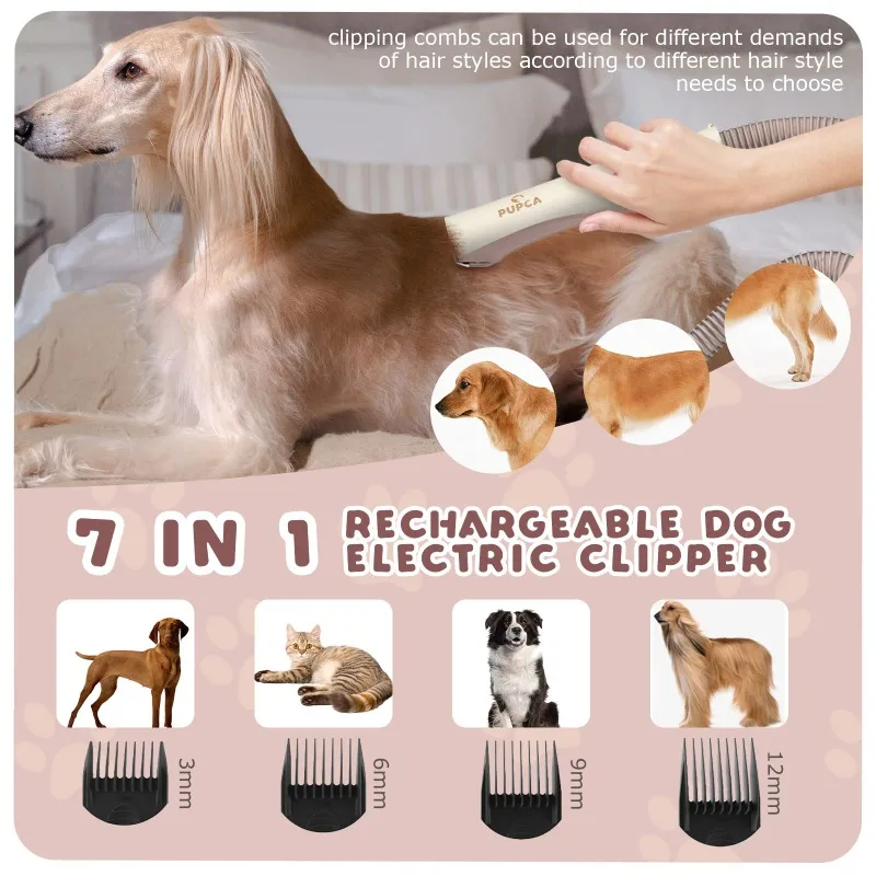 PUPCA Pet Grooming Kit 1.3L Vacuum Suction 99% Pet Hair 60db Low Noise & 12kpa 3 Levels Suction with 7 Grooming Shedding Tools