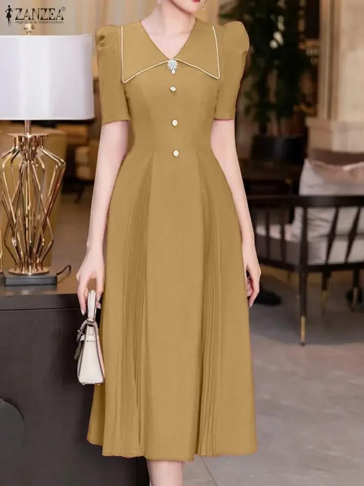 

ZANZEA Elegant Women Ruffled Long Dresses Summer Party Sundress 2025 Fashion Short Sleeve Casual Loose Office Lady Midi Robe