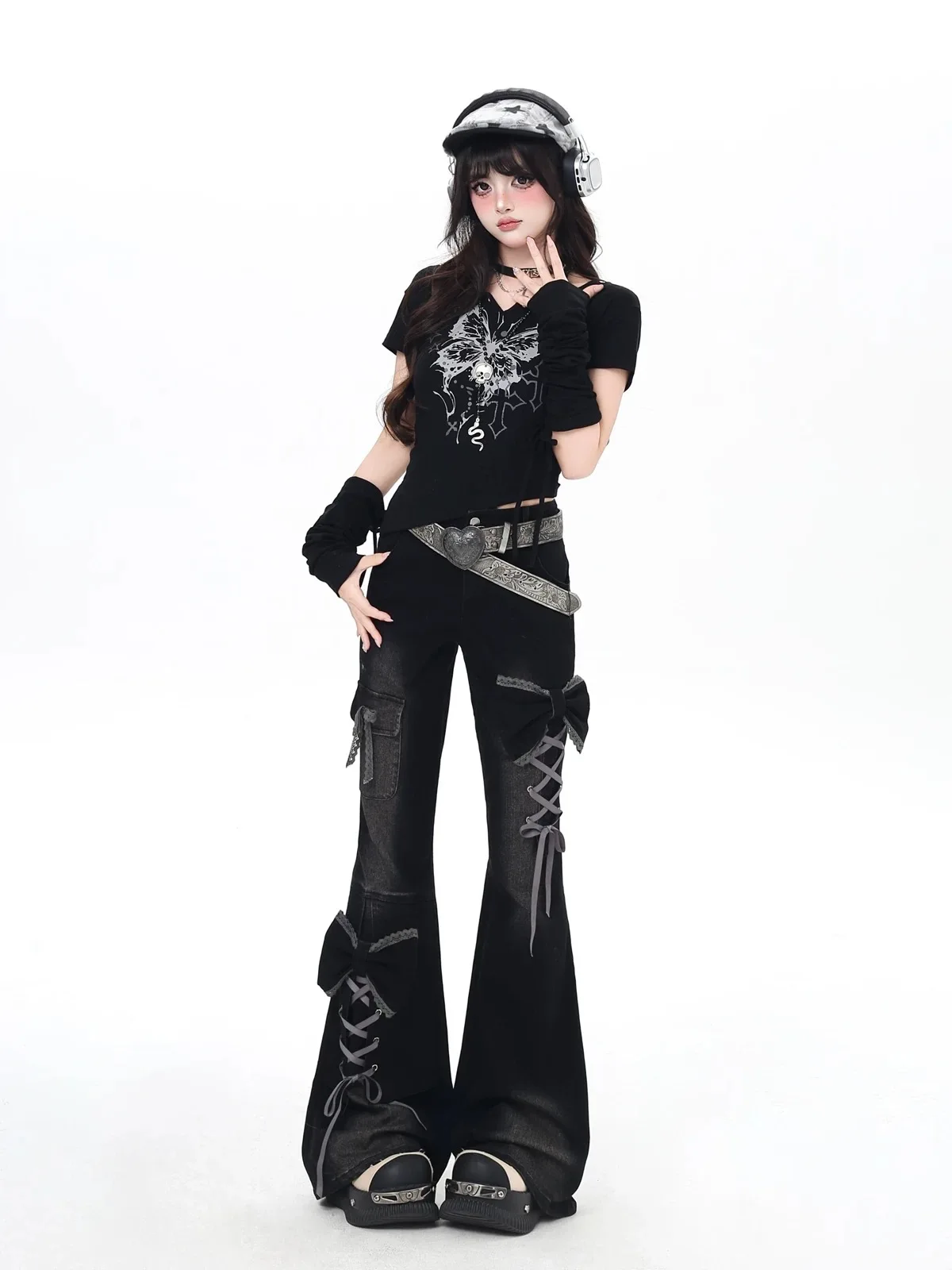 Y2K Bow Jeans Women 3D Design High Waist Slim Fit Flared Pants Spicy Girl