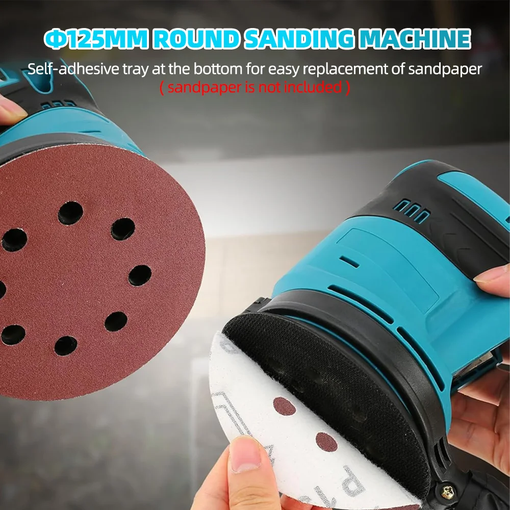 125mm Cordless Electric Orbital Sander 3 Speeds Adjustable Rechargeable Polishing Grinder Machine for Makita 18V Battery