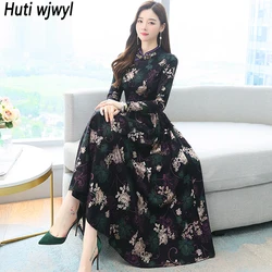 Black Floral Chinese Style Cheongsam Women Dress Spring Autumn Long Sleeve Elegant Maxi Dress 2024 Vintage Bodycon Party Vestido