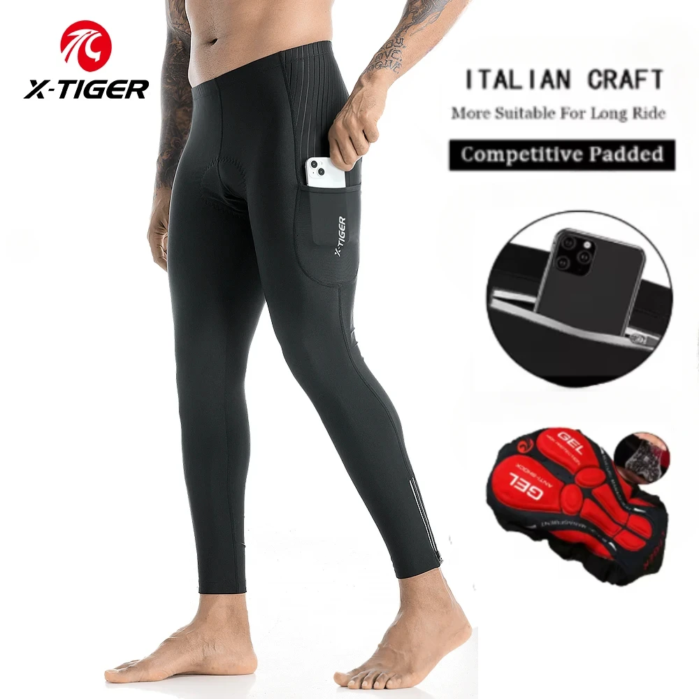X-TIGER Men Cycling Long Pants Gel Padded Bike Tights Leggings Outdoor Riding Mountain Road Bicycle Trouser Two Side Leg Zippers