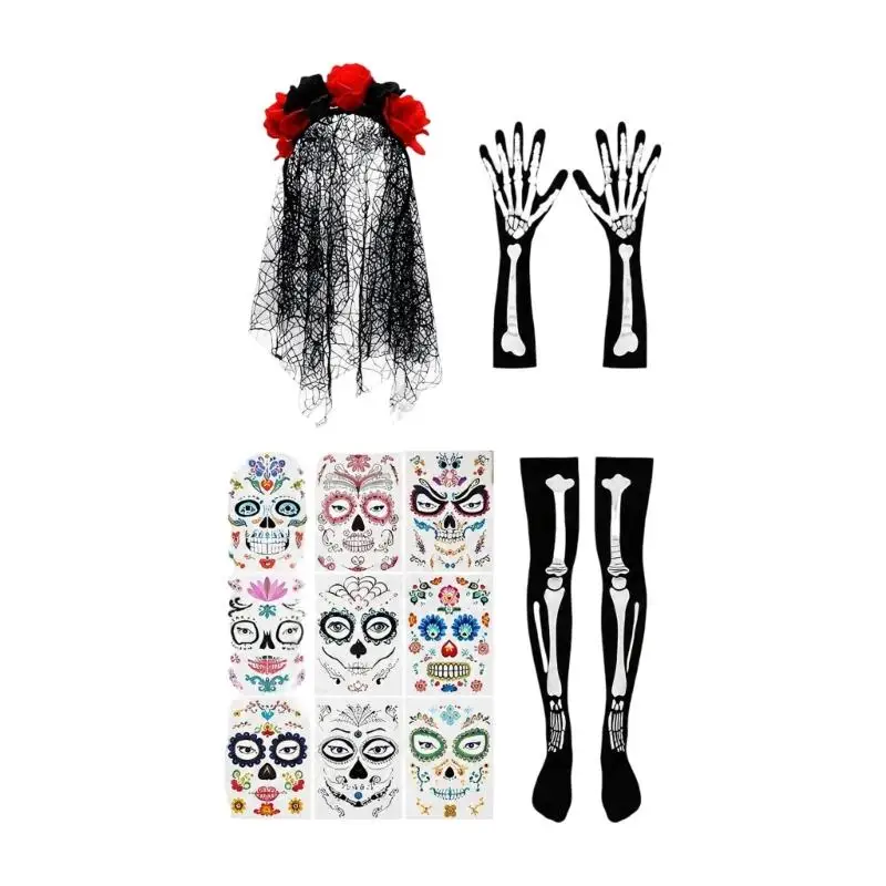 39BD Gothic Skeleton Bride Costume Set with Lace Headpiece and Gloves