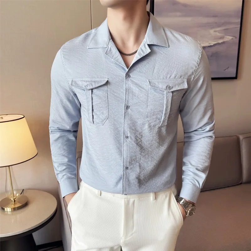 British Style Fashion Men Shirt Long Sleeved Autumn New Cotton Solid Casual Cuban Collar Formal Shirt High-quality Men Clothing