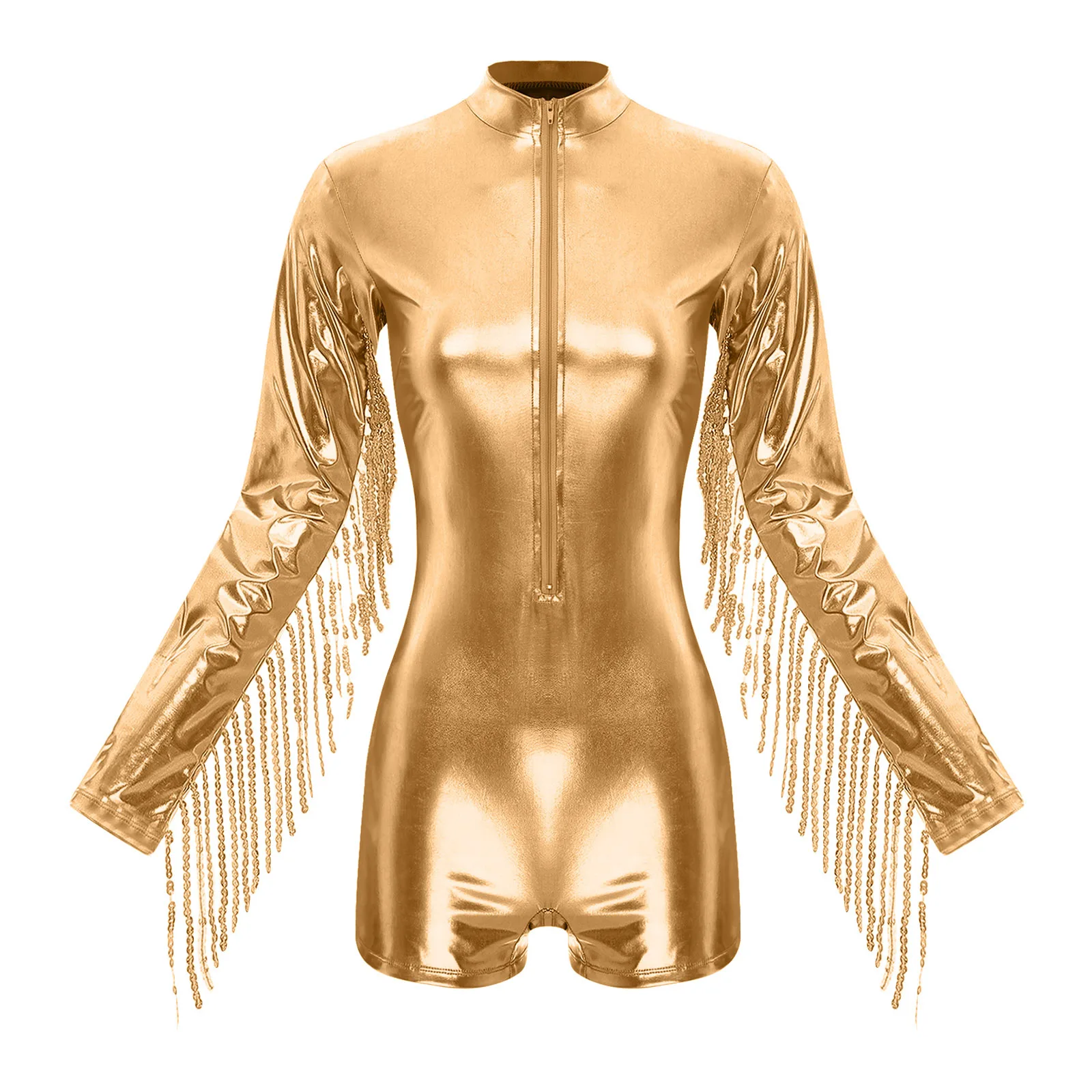 Vrouwen glanzend metallic jazz discodans bodysuit lange mouw pailletten kwastjes jumpsuit dans biketard turnpakje voor party clubwear