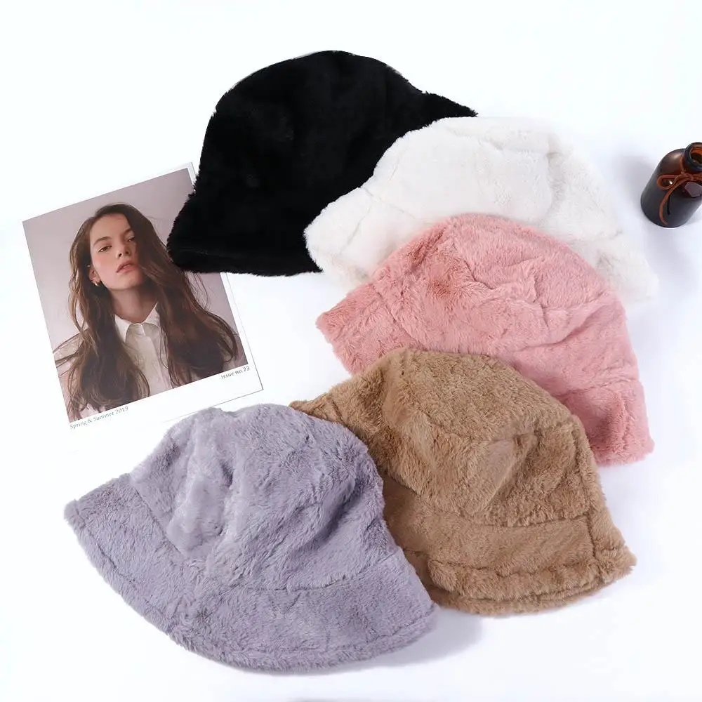 

Cute Sweet Outdoor Soft Winter Thickened Fishing Cap Bucket Hat Faux Fur Rabbit Warm Hat