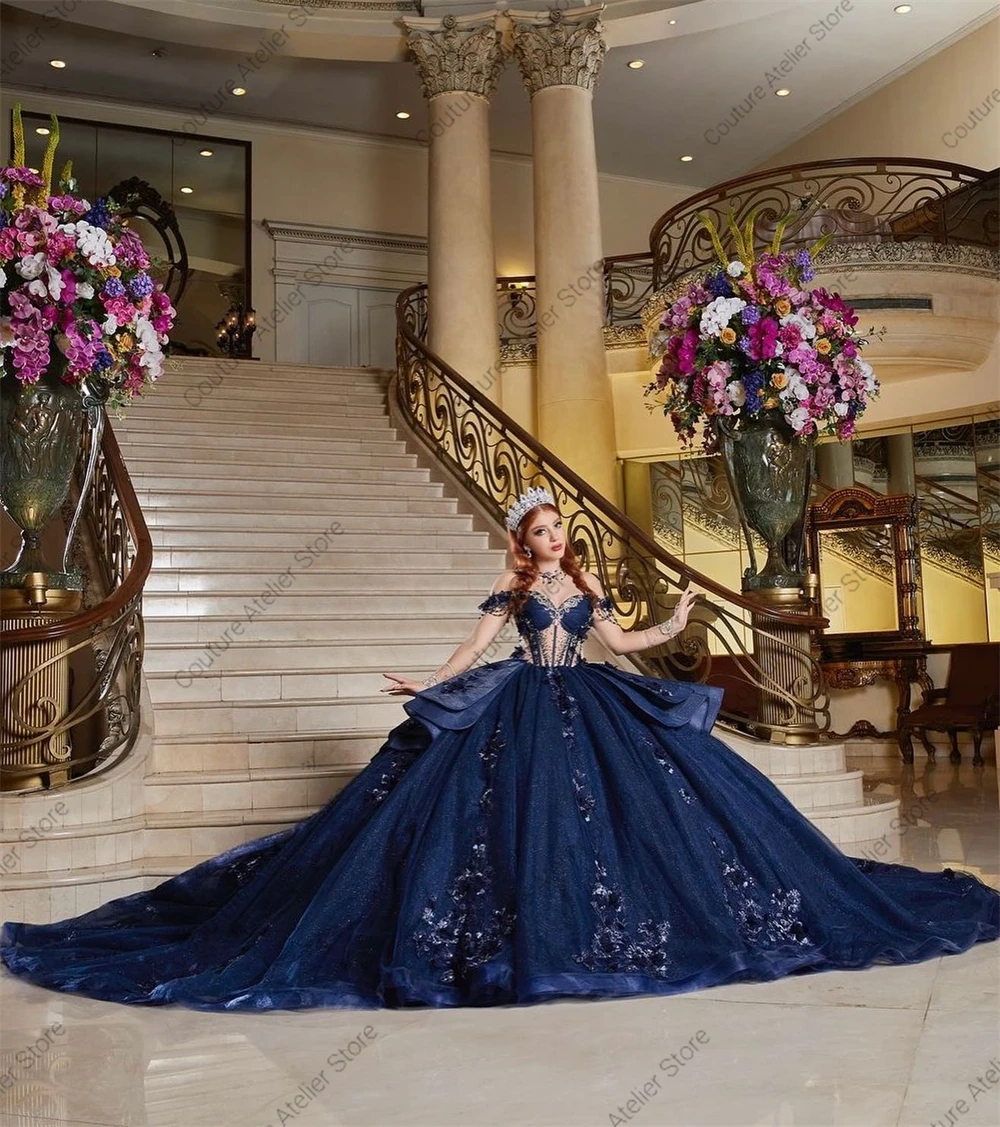 Off Shoulder Navy Blue Quinceanera Dresses Beaded Lace Appliques Pincess Ball Gown Ruffles Mexican Sweet 15 Dress Customized
