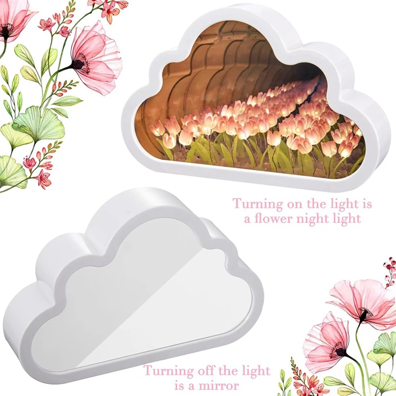 2Sets Cloud Mirror Tulip Lamp Handmade DIY Tulip Night Light Simulation Flower Lights Room Decorations