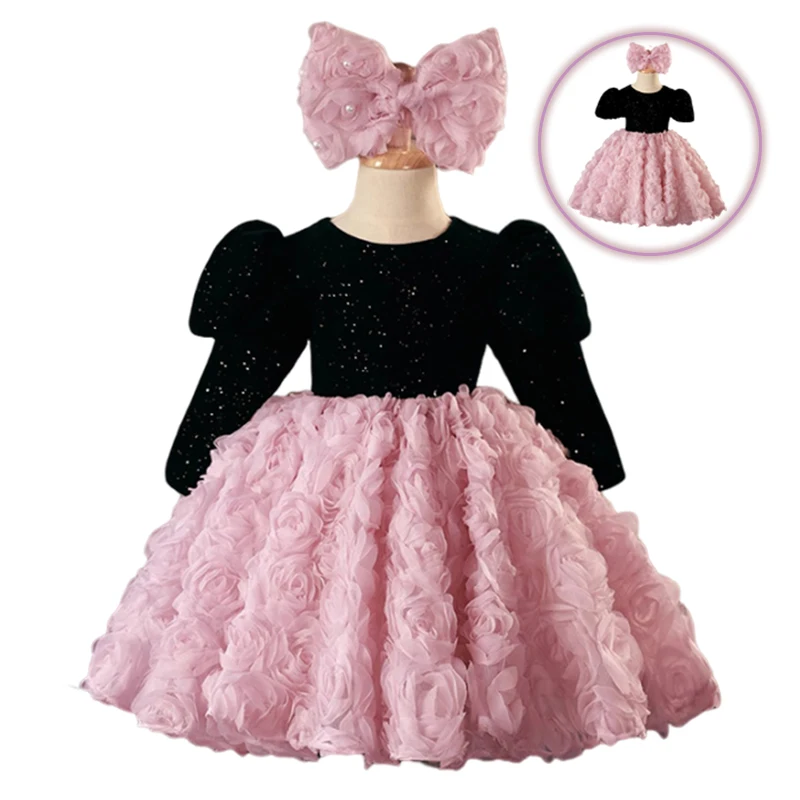 Winter Girl's Pink Black Floral Lace Knee-Length Party Dress for Birthday Ceremonies Wedding Party Princess Ball Gown Size 1-14