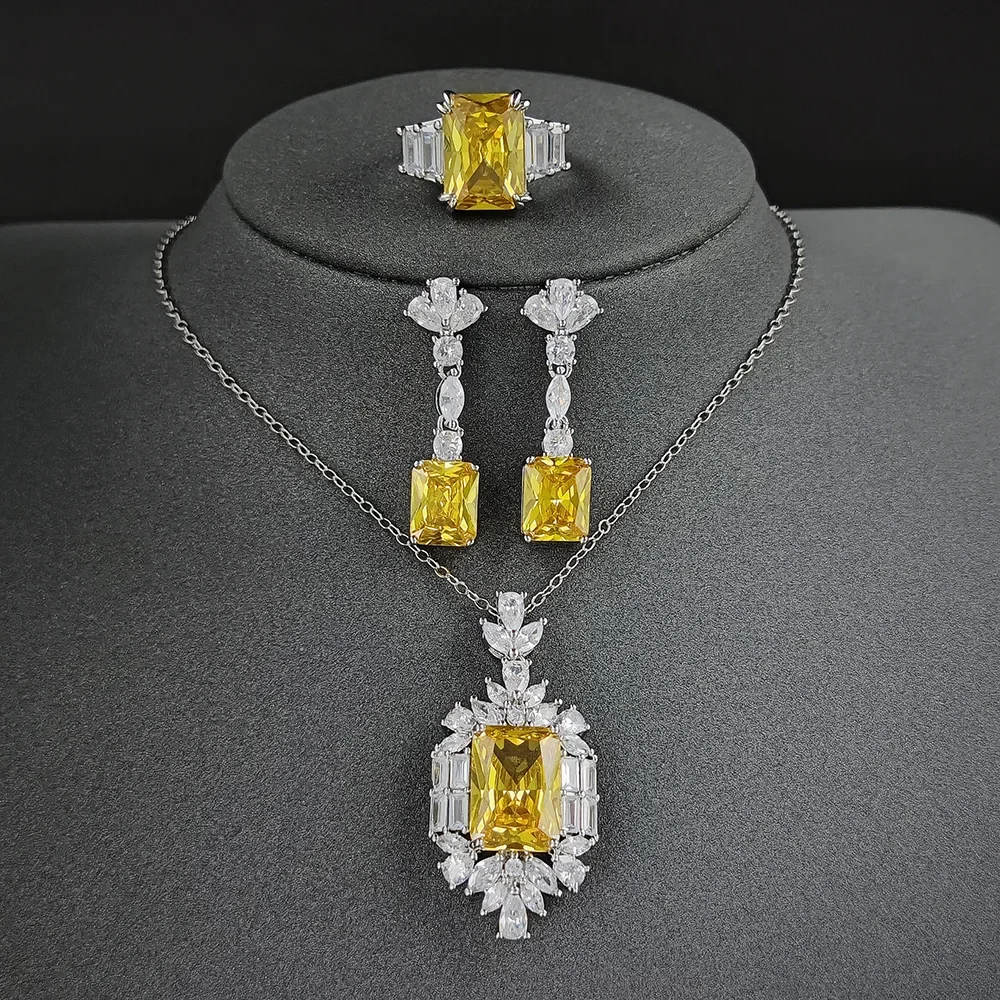 Fashion Niche Yellow Color Zircon Earring Ring Necklace Three-Pieces Set For Women Party Birthday Custom Jewelry image 4