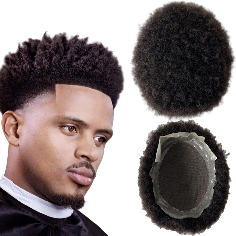 

Indian Virgin Human Hair Replacement #1b Black Color 4mm Root Afro AUS Toupee 8x10 Lace with PU Unit for Black Men