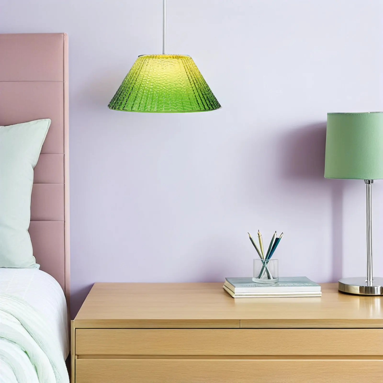 

Glass Lamp Shade E27 Gradient Green Yellow Pleated Design Decorative Replacement Lampshade Small Drum Light Cover for Table